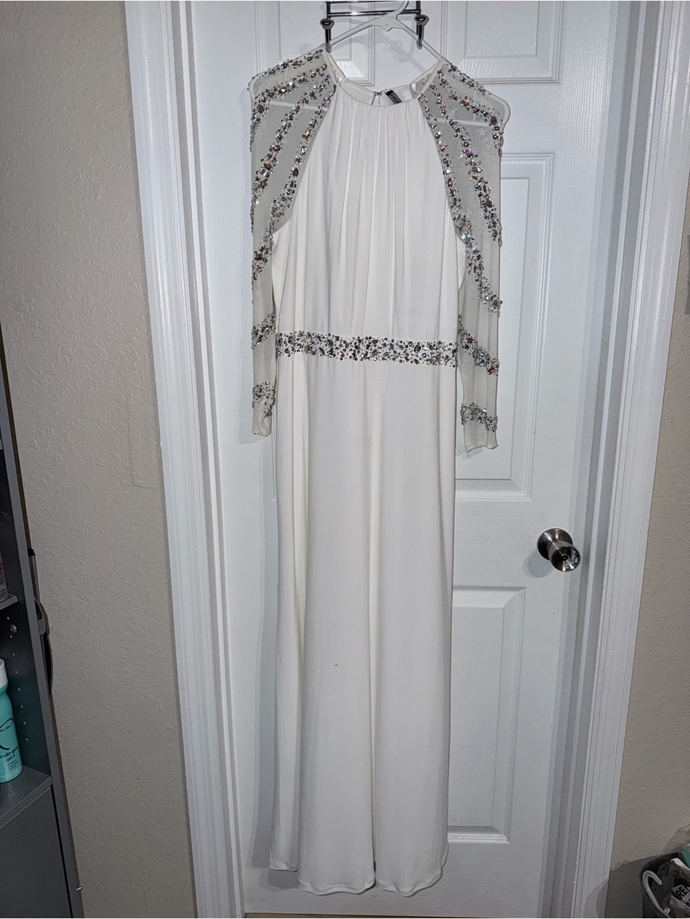 Embellished Ivory Long Sleeve Evening Dress
